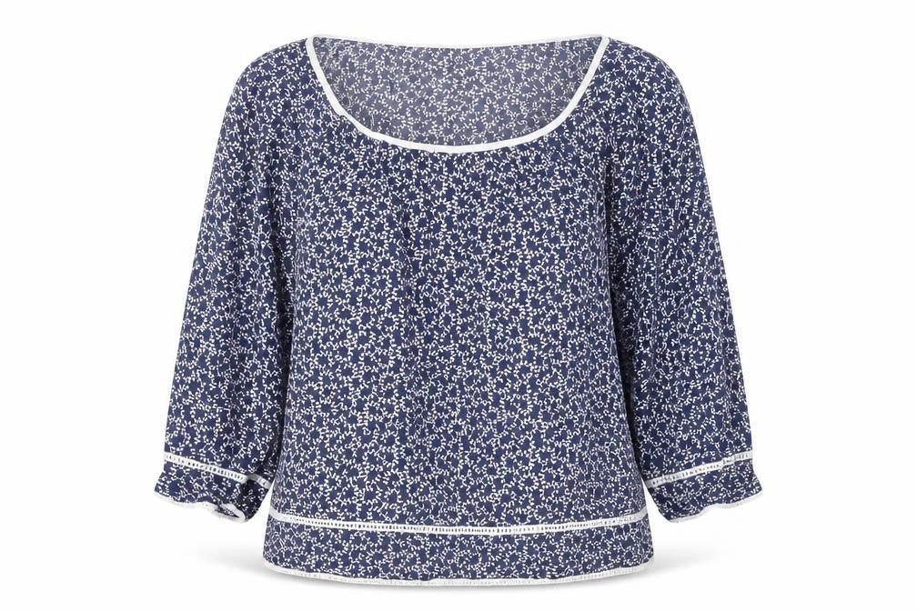 Front view of Boho Australia Women's Blue Floral Tunic Blouse, size S