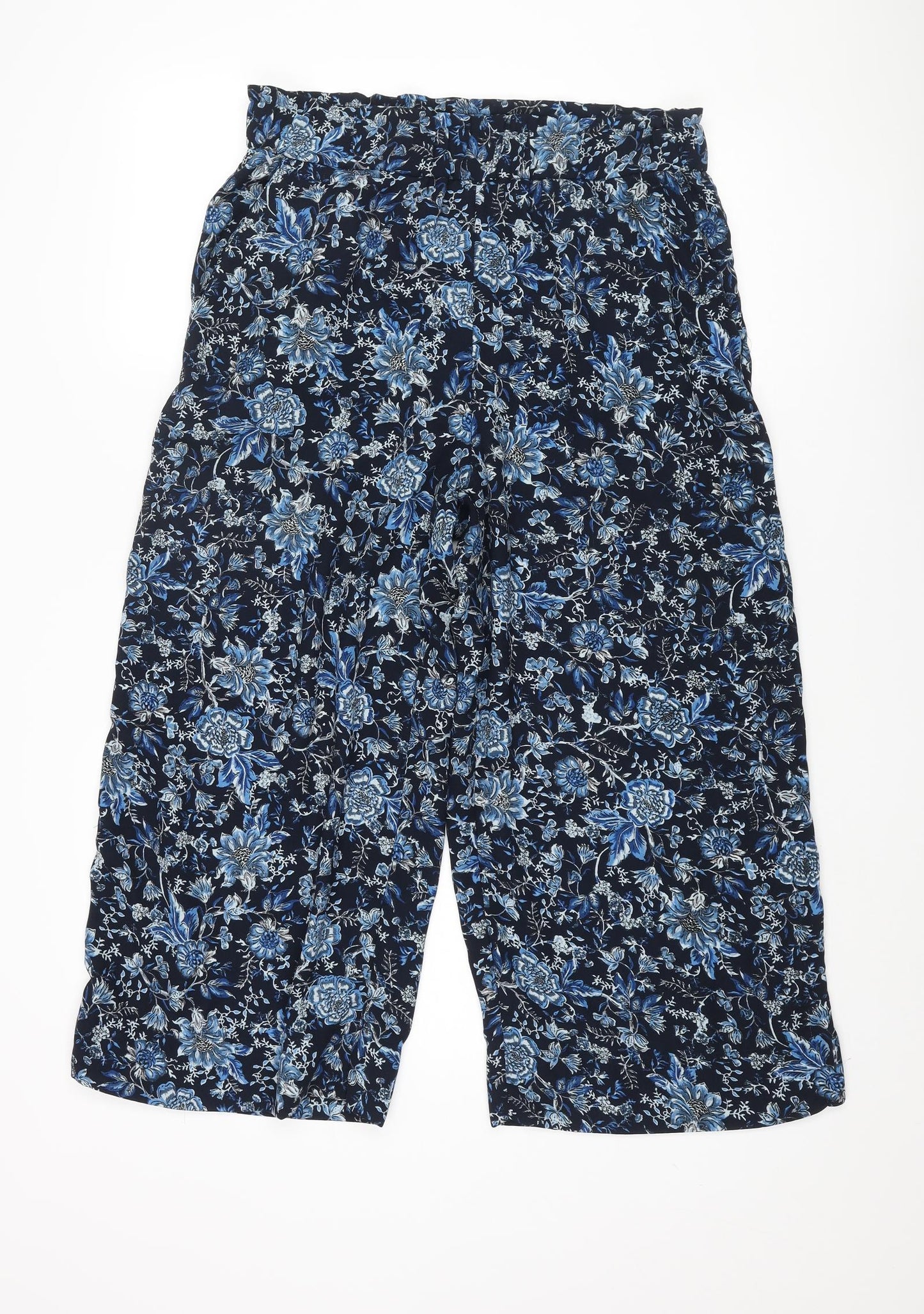 H&M Womens Blue Floral Polyester Cropped Trousers Size 12 L23 in Regular