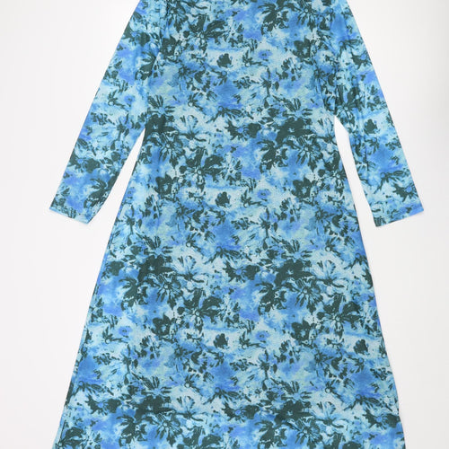 Marks and Spencer Womens Blue Floral Polyester A-Line Size 12 Square Neck Pullover