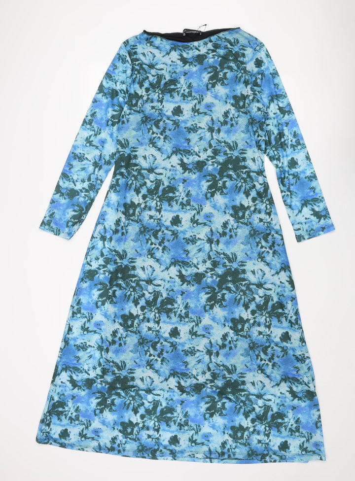 Marks and Spencer Womens Blue Floral Polyester A-Line Size 12 Square Neck Pullover