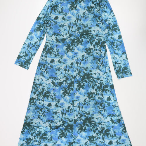 Marks and Spencer Womens Blue Floral Polyester A-Line Size 12 Square Neck Pullover