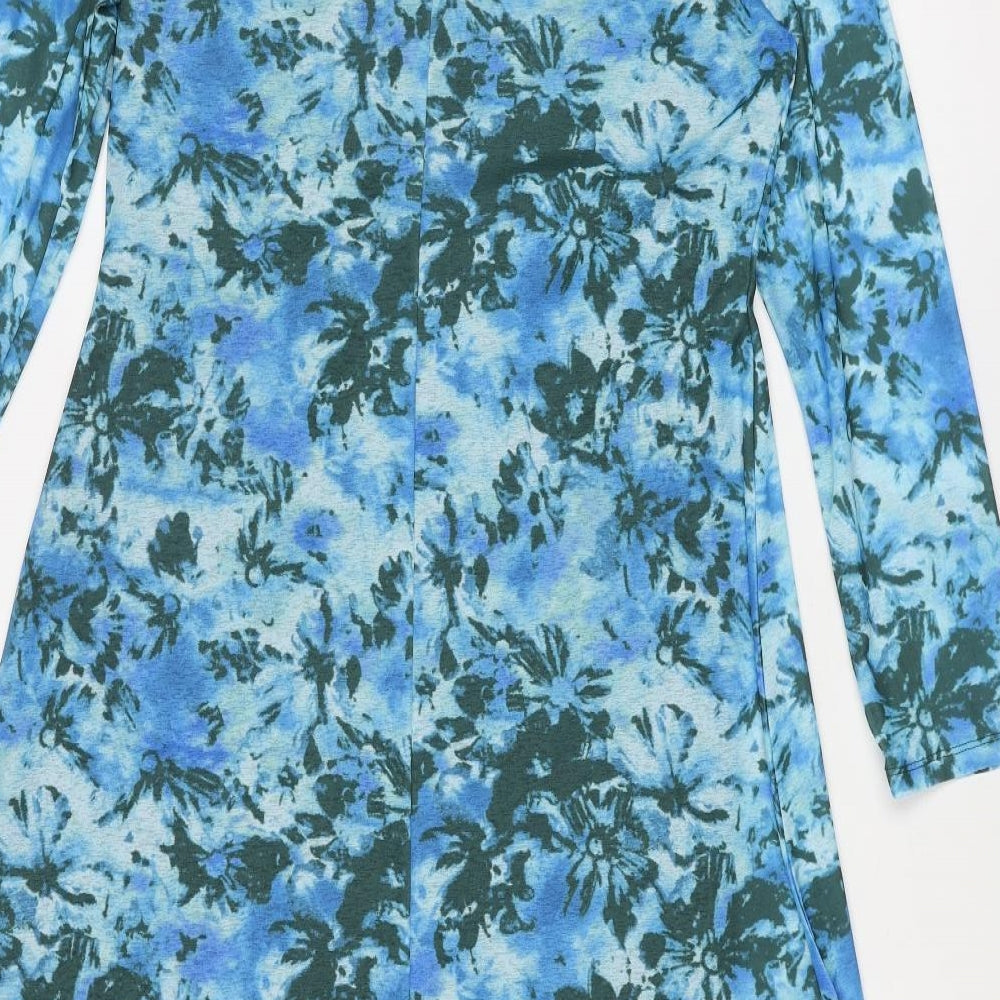 Marks and Spencer Womens Blue Floral Polyester A-Line Size 12 Square Neck Pullover