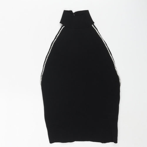 Bershka Womens Black Mock Neck Viscose Vest Jumper Size S - Rhinestone Detail Lace Up Back