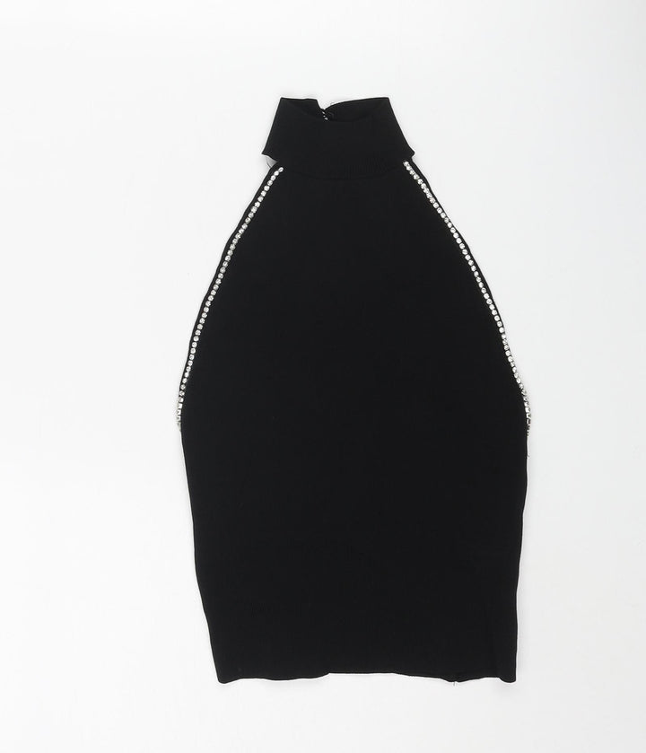 Bershka Womens Black Mock Neck Viscose Vest Jumper Size S - Rhinestone Detail Lace Up Back