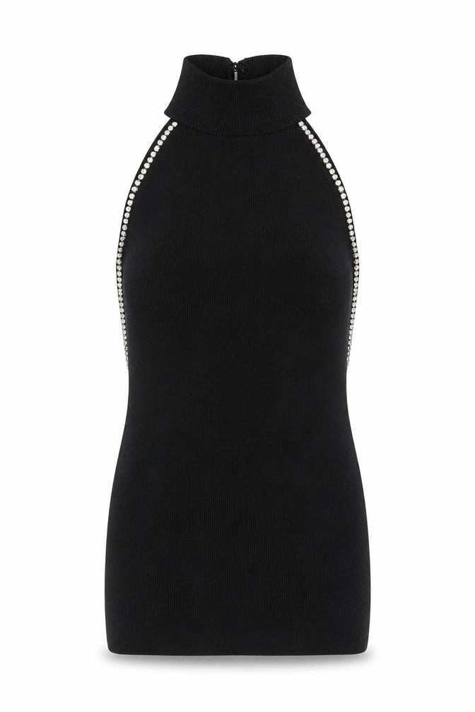 Bershka Womens Black Mock Neck Viscose Vest Jumper Size S - Rhinestone Detail Lace Up Back