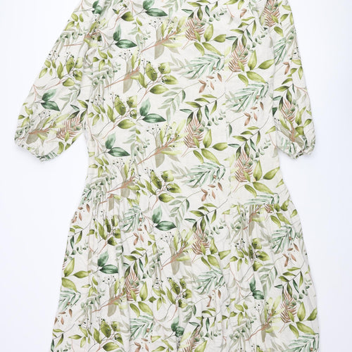 SPLASH Womens Multicoloured Geometric Viscose Maxi Size 10 Round Neck Button - Plant Print Smocked Beaded Belt