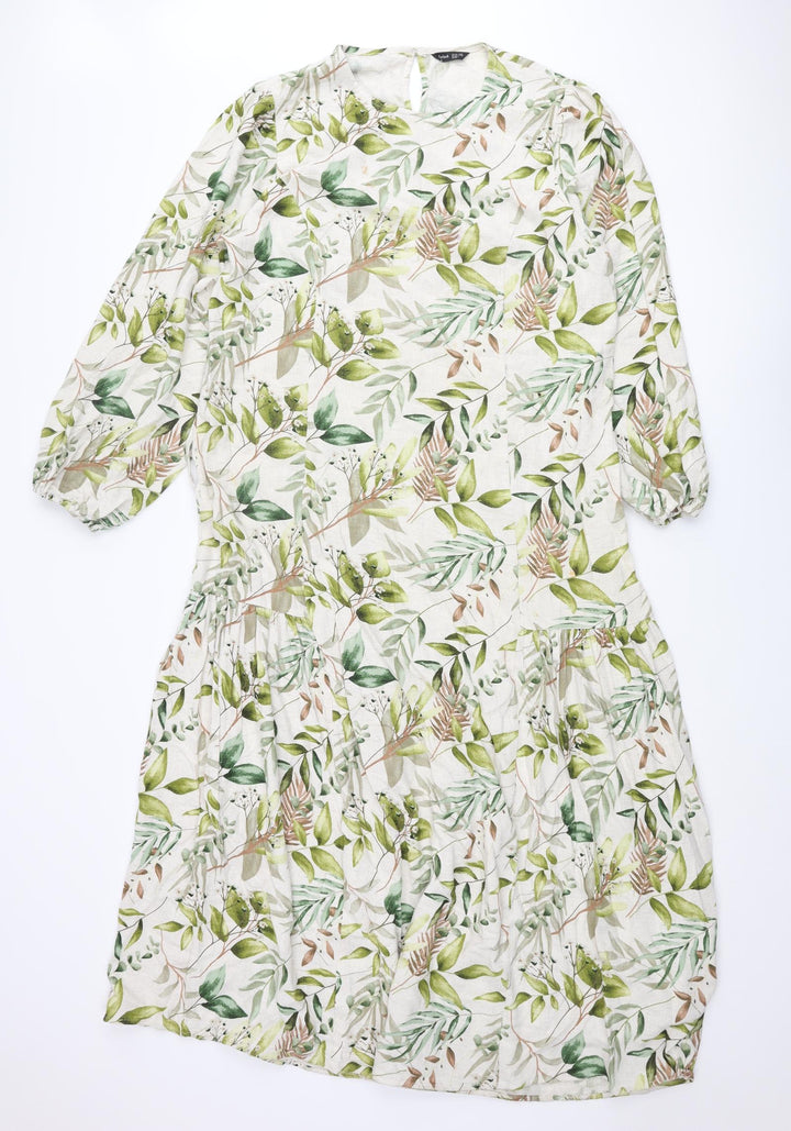SPLASH Womens Multicoloured Geometric Viscose Maxi Size 10 Round Neck Button - Plant Print Smocked Beaded Belt