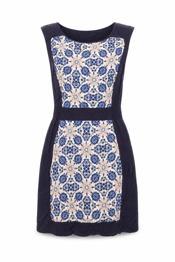 Front view of Warehouse women’s blue viscose shift, size UK 12, round neck pullover - geometric print