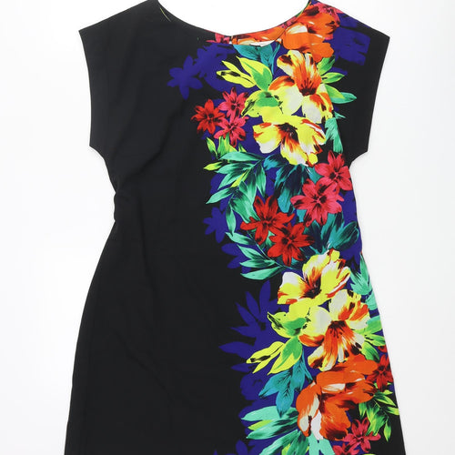 New Look Womens Black Polyester A-Line Size 12 Boat Neck Button - Floral Print