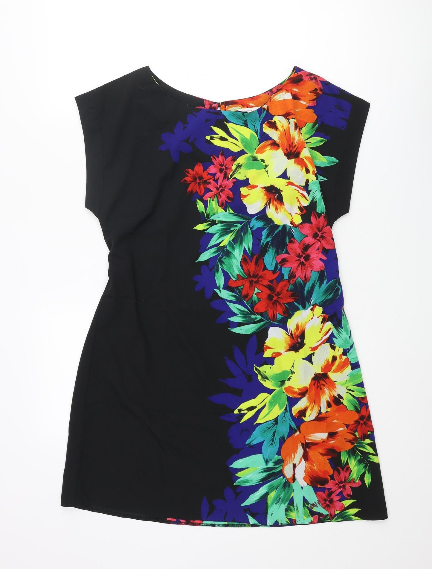 New Look Womens Black Polyester A-Line Size 12 Boat Neck Button - Floral Print