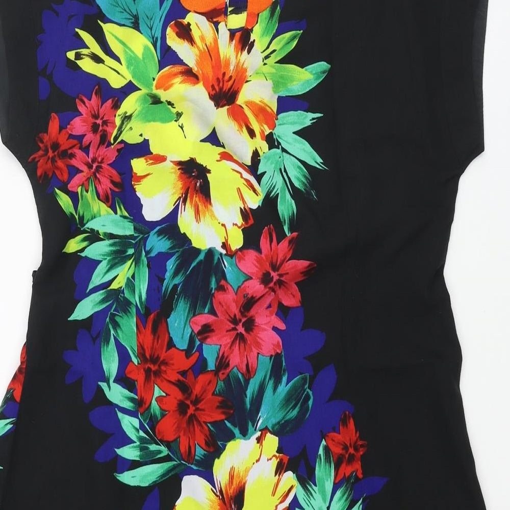 New Look Womens Black Polyester A-Line Size 12 Boat Neck Button - Floral Print