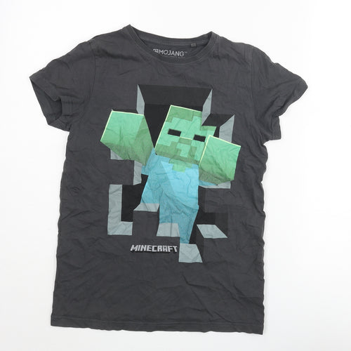NEXT Boys Grey Cotton Basic T-Shirt Size 11 Years Round Neck Pullover - Minecraft Print