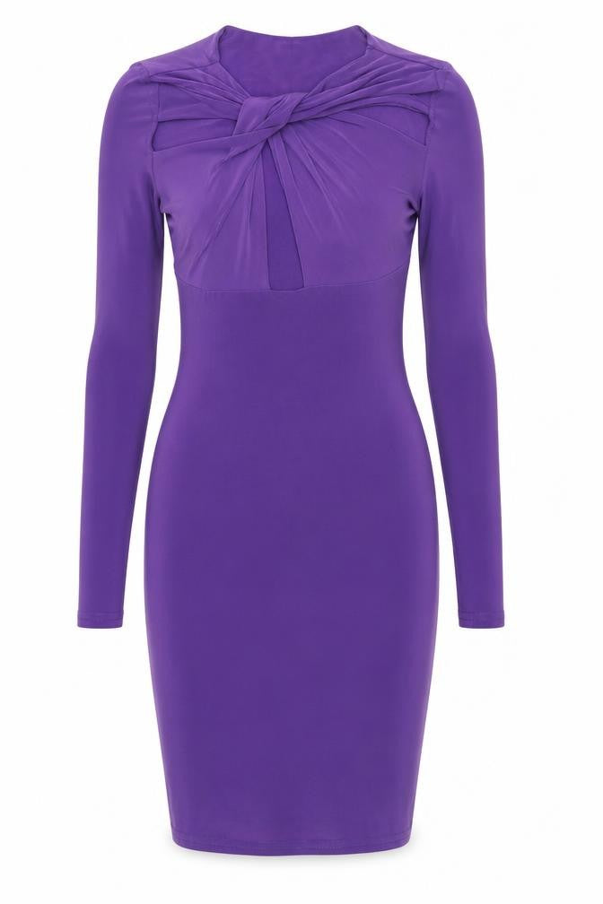 Front view of Boohoo women’s purple polyester bodycon, size UK 8, round neck pullover - knot detail