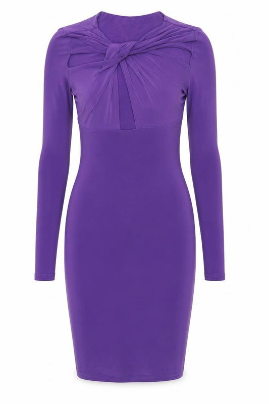 Front view of Boohoo women’s purple polyester bodycon, size UK 8, round neck pullover - knot detail
