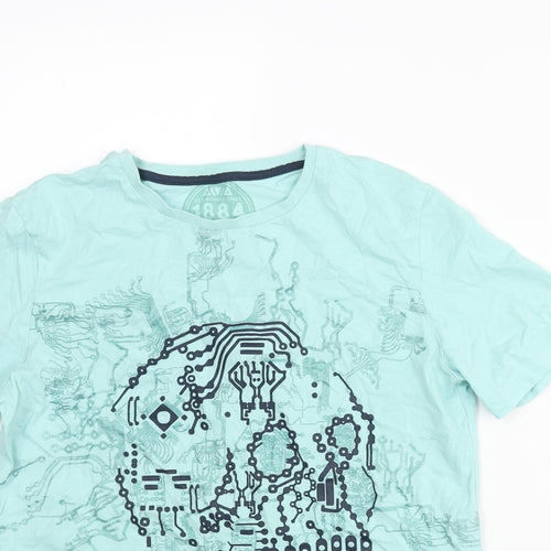 Marks and Spencer Boys Blue Cotton Basic T-Shirt Size 13-14 Years Round Neck Pullover - Circuit Board Skull Print