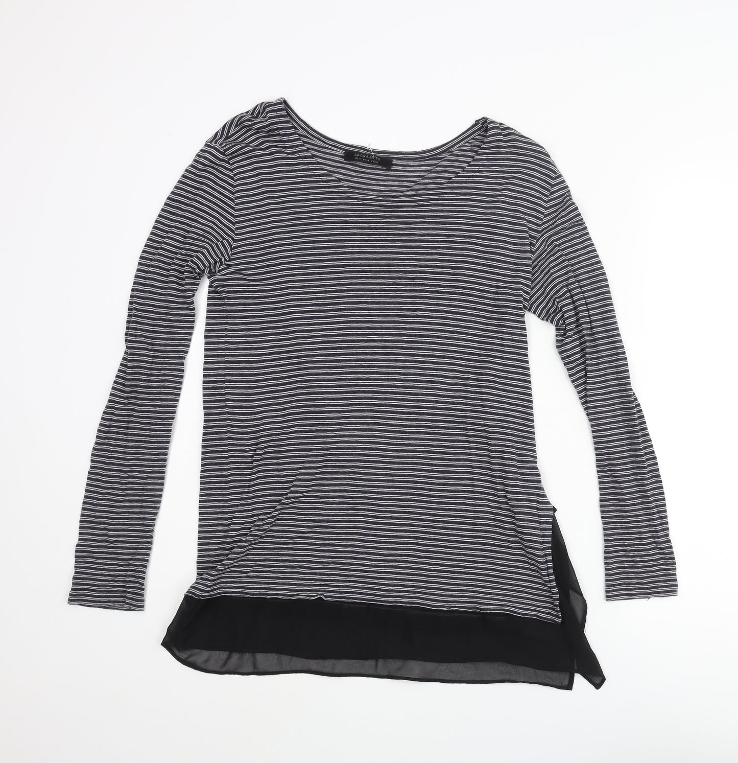 AllSaints Womens Grey Striped Viscose Basic Blouse Size 8 Round Neck