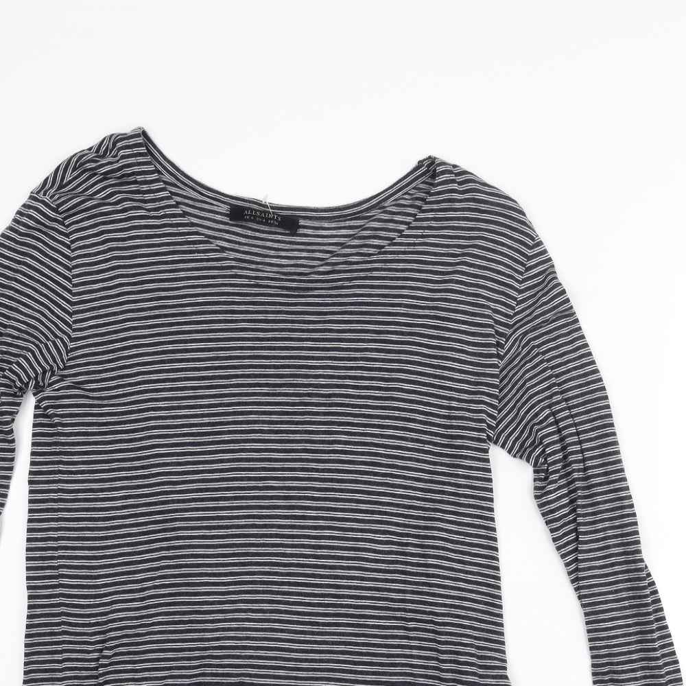 AllSaints Womens Grey Striped Viscose Basic Blouse Size 8 Round Neck