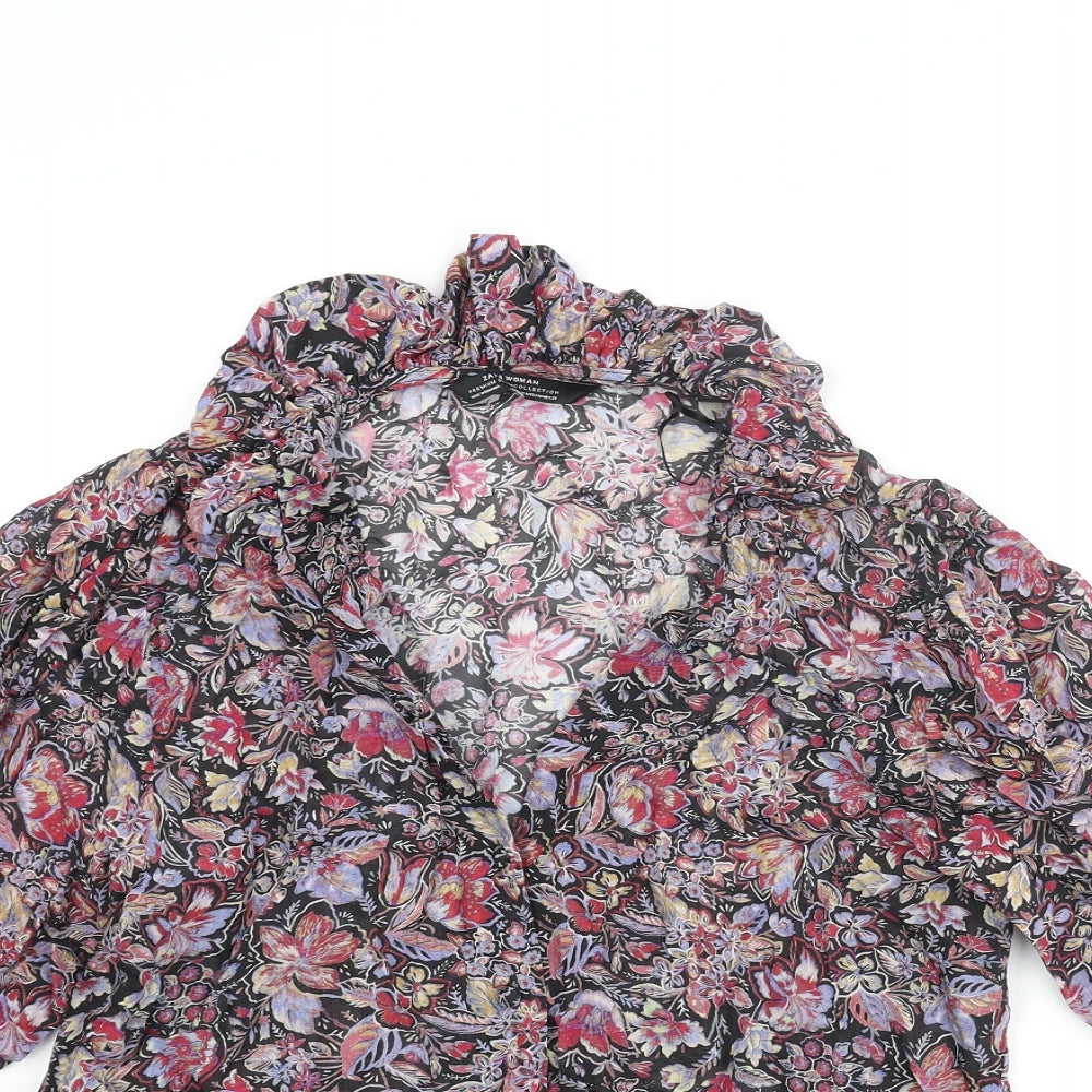 Zara Womens Multicoloured Floral Viscose Basic Blouse Size M V-Neck - Frill