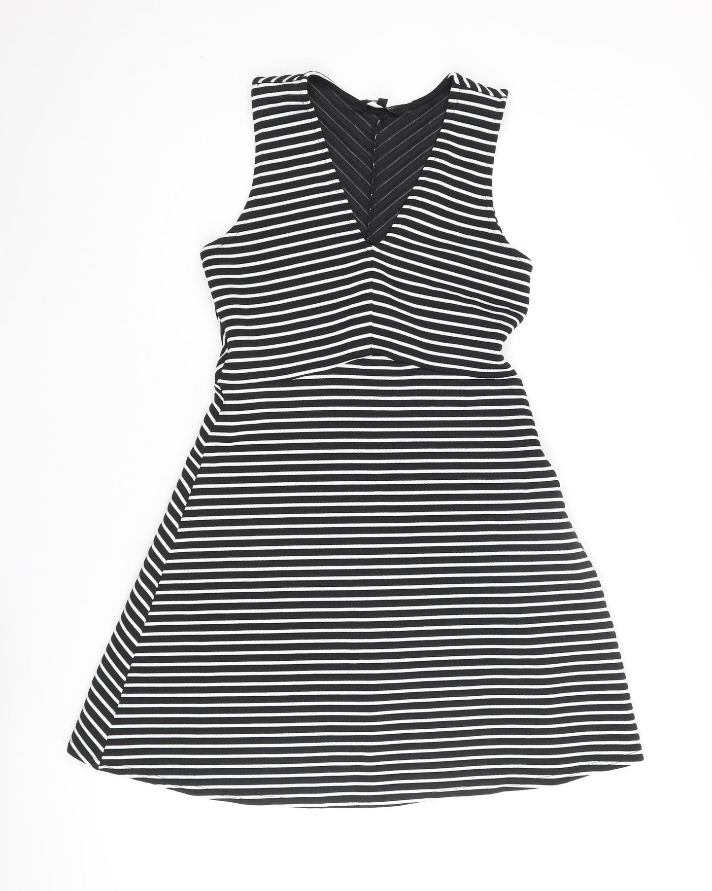 New Look Womens Black Striped Polyester A-Line Size 12 V-Neck Pullover