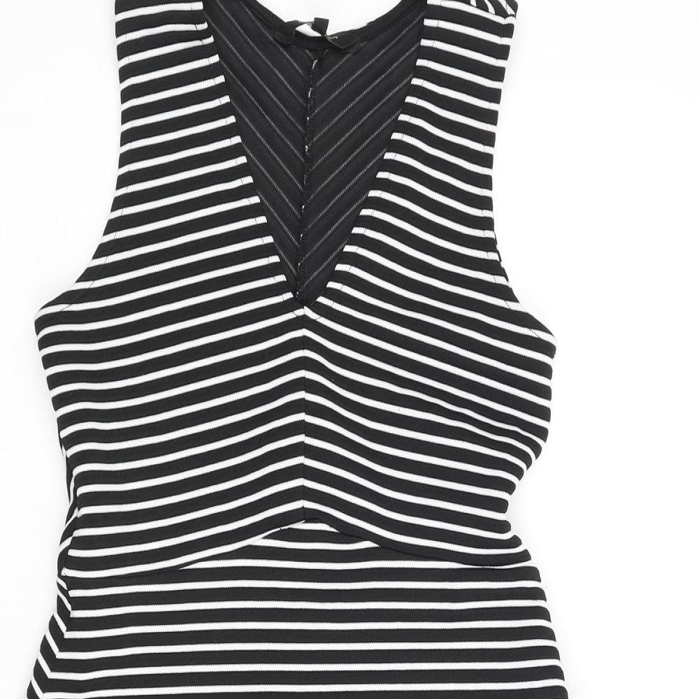 New Look Womens Black Striped Polyester A-Line Size 12 V-Neck Pullover