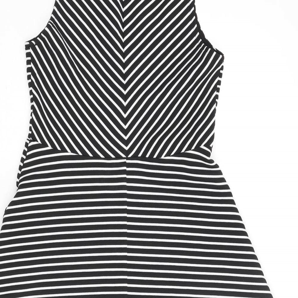 New Look Womens Black Striped Polyester A-Line Size 12 V-Neck Pullover