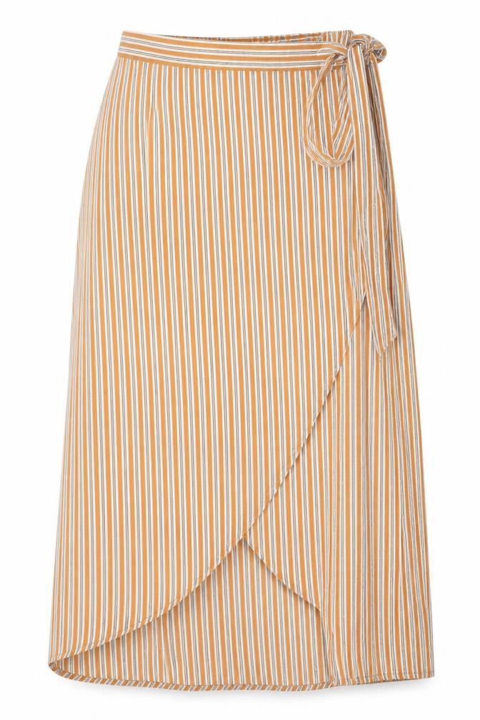 Front view of PRETTYLITTLETHING women’s orange striped polyester wrap skirt, size UK 8, tie
