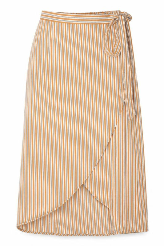 Front view of PRETTYLITTLETHING women’s orange striped polyester wrap skirt, size UK 8, tie