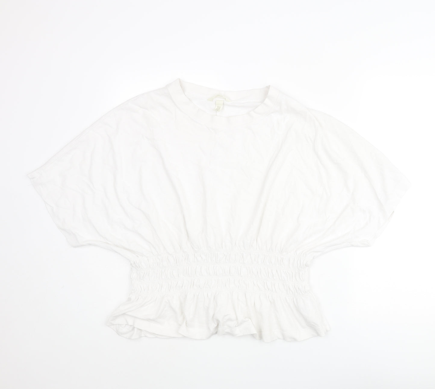 H&M Womens White Cotton Basic Blouse Size 2XL Round Neck - Rouched Peplum