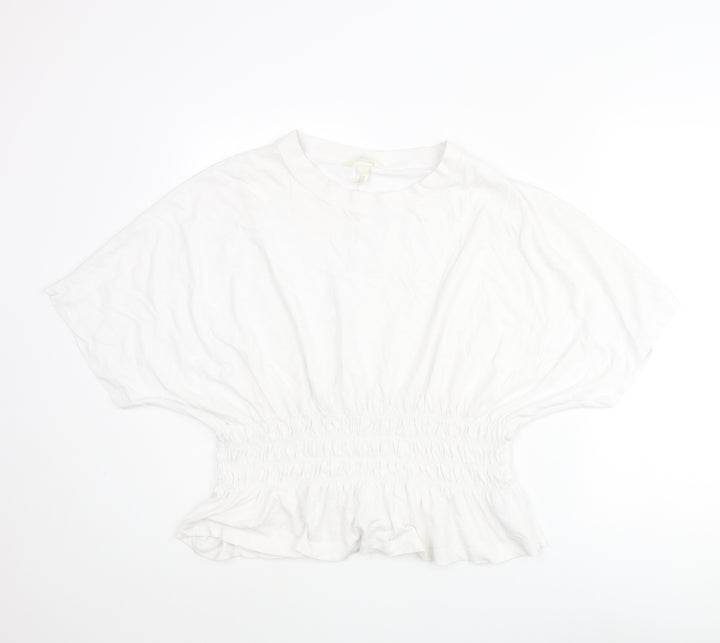 H&M Womens White Cotton Basic Blouse Size 2XL Round Neck - Rouched Peplum