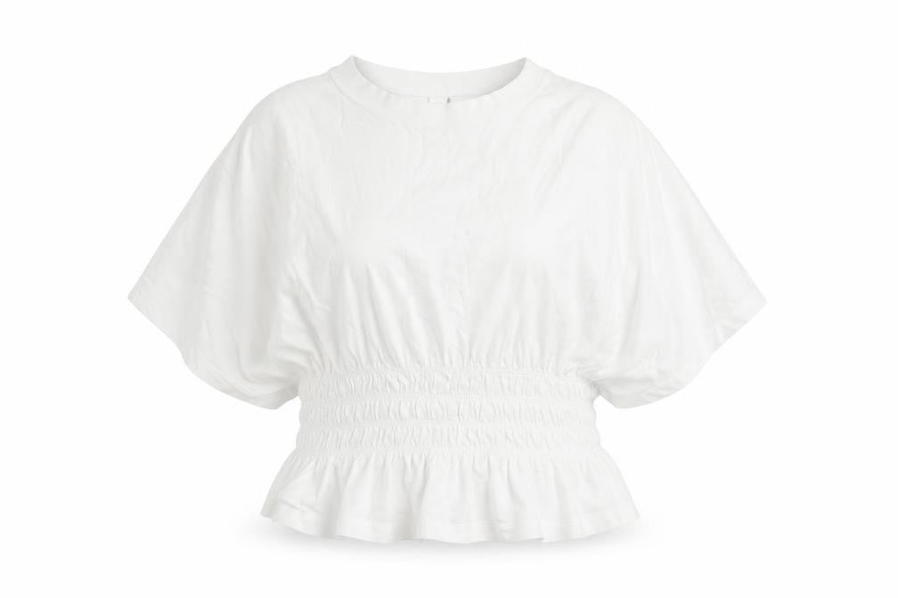 Front view of H&M women’s white cotton basic blouse, size 2XL, round neck - rouched peplum