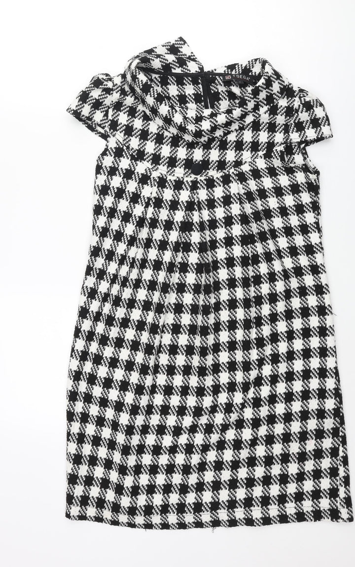 Tsega Womens Black Houndstooth Polyester Shift Size 10 Collared Button - Button Detail