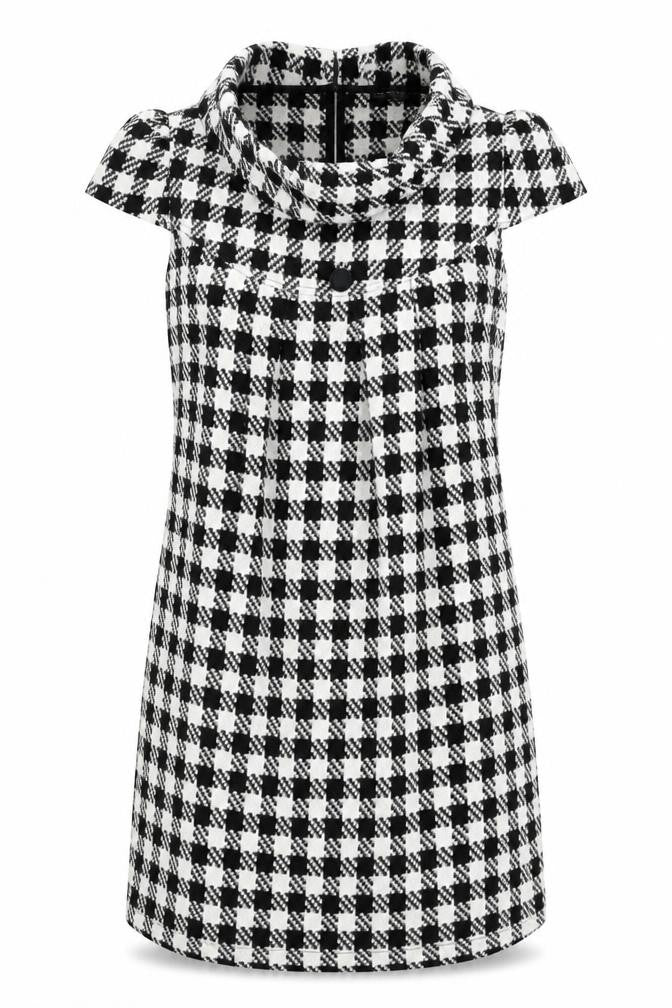 Front view of Tsega women’s black houndstooth polyester shift, size UK 10, collared button - button detail