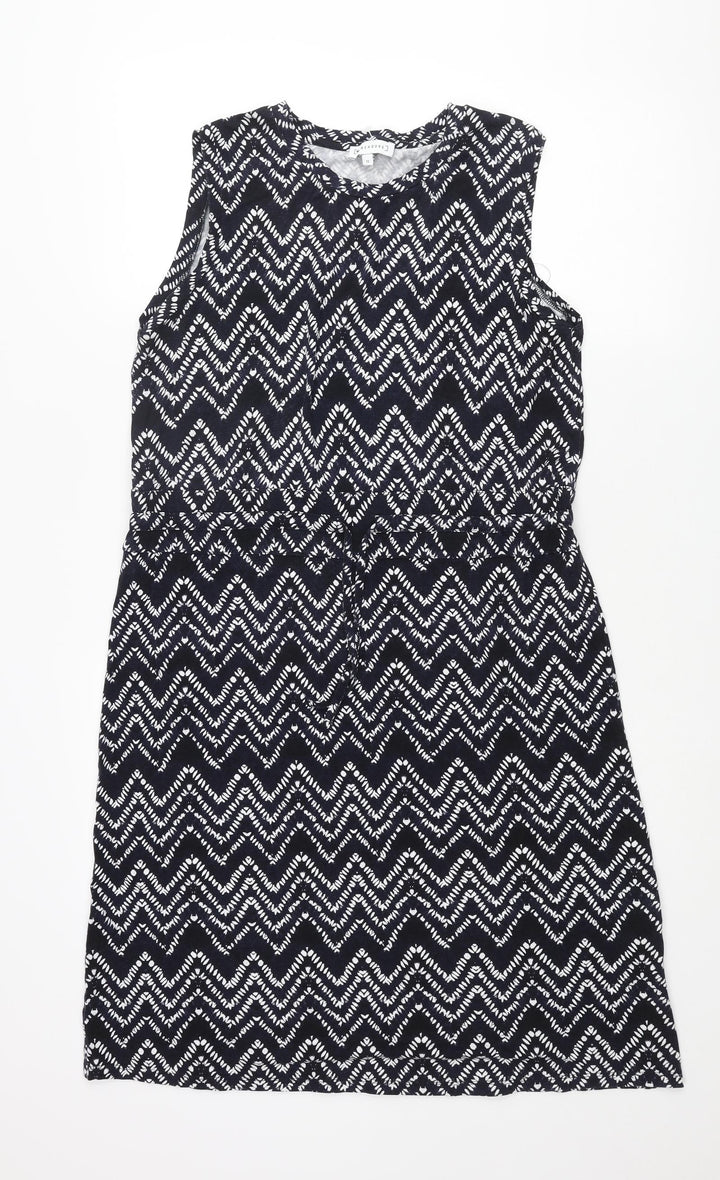Warehouse Womens Blue Geometric Viscose Shift Size 12 Round Neck Pullover - Drawstring Waist