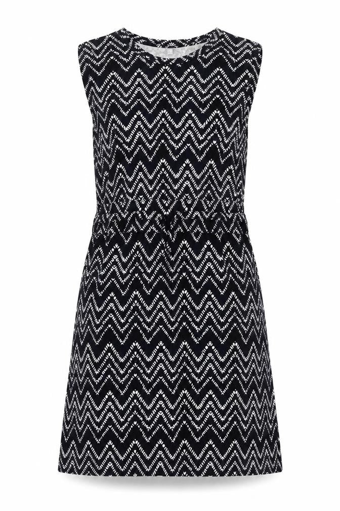 Front view of Warehouse women’s blue geometric viscose shift, size UK 12, round neck pullover - drawstring waist