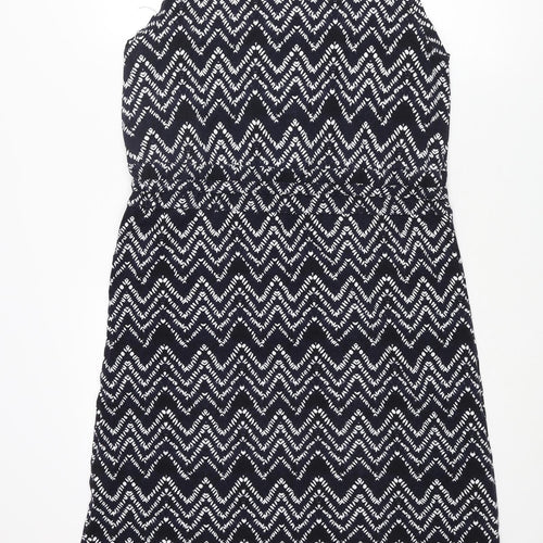 Warehouse Womens Blue Geometric Viscose Shift Size 12 Round Neck Pullover - Drawstring Waist