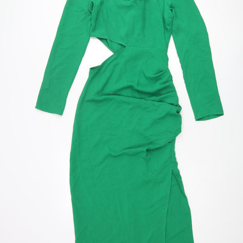 Zara Womens Green Polyester Maxi Size S Round Neck Zip - Rouched Cut Out Buckle Detail