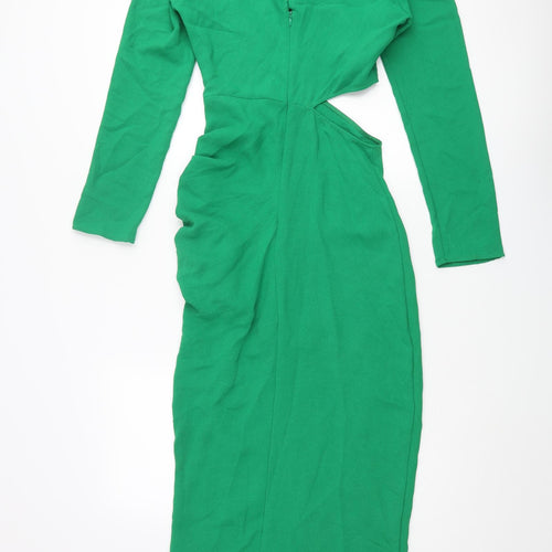 Zara Womens Green Polyester Maxi Size S Round Neck Zip - Rouched Cut Out Buckle Detail