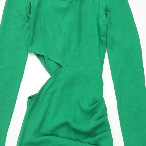 Zara Womens Green Polyester Maxi Size S Round Neck Zip - Rouched Cut Out Buckle Detail