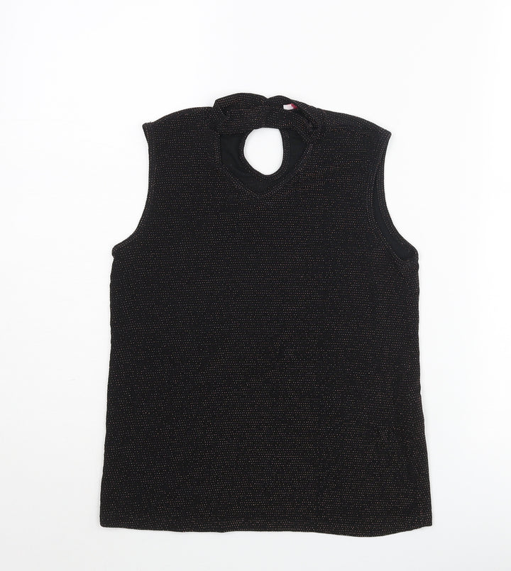 D'Lisle Girls Black Nylon Camisole Blouse Size 12 Years Mock Neck Button - Keyhole Neck Glitter
