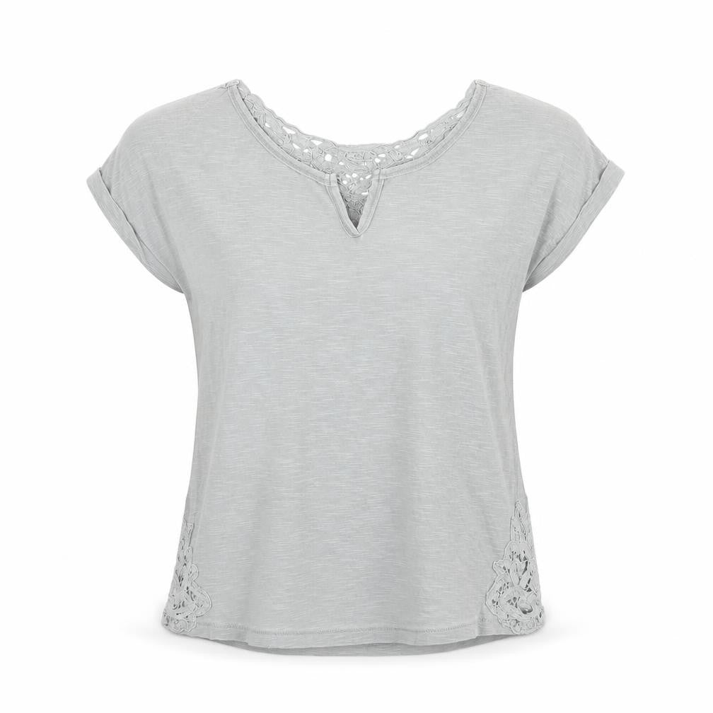 Front view of Next women’s grey cotton basic blouse, size UK 6, v-neck - lace detail