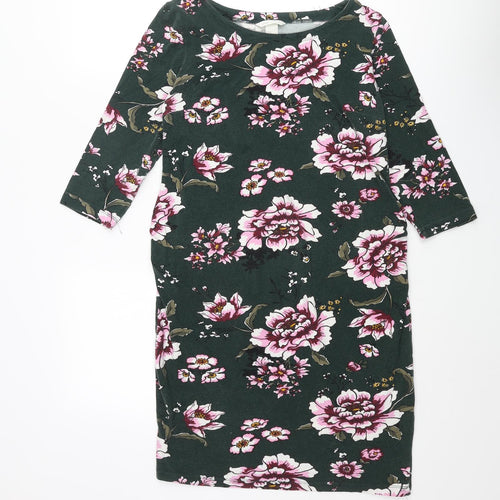 H&M Womens Green Floral Cotton Shift Size M Round Neck Pullover