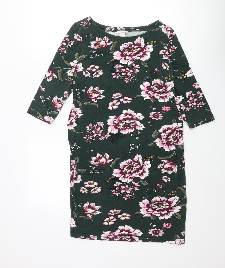H&M Womens Green Floral Cotton Shift Size M Round Neck Pullover