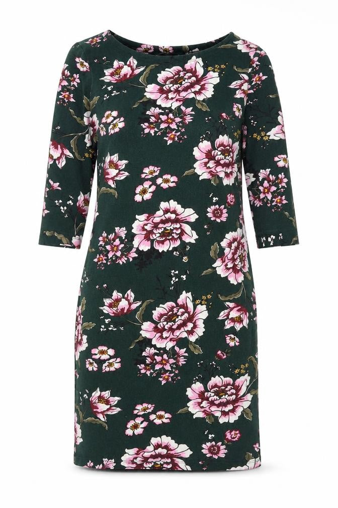 Front view of H&M women’s green floral cotton shift, size M, round neck pullover