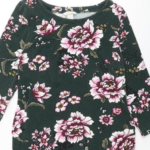 H&M Womens Green Floral Cotton Shift Size M Round Neck Pullover
