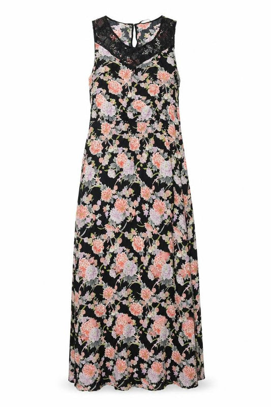 Front view of Oasis women’s multicoloured floral viscose maxi, size UK 16, scoop neck button - lace detail