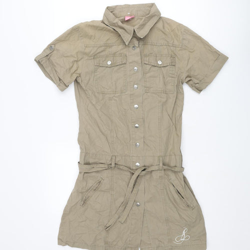 Aloha Womens Brown Cotton Shirt Dress Size 12 Collared Snap - Embroidered Logo Belted