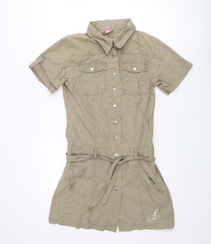 Aloha Womens Brown Cotton Shirt Dress Size 12 Collared Snap - Embroidered Logo Belted