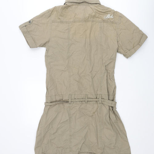Aloha Womens Brown Cotton Shirt Dress Size 12 Collared Snap - Embroidered Logo Belted