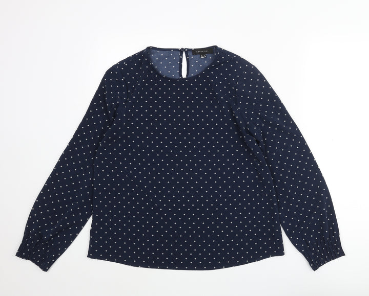 Cortefiel Womens Blue Geometric Polyester Basic Blouse Size S Round Neck