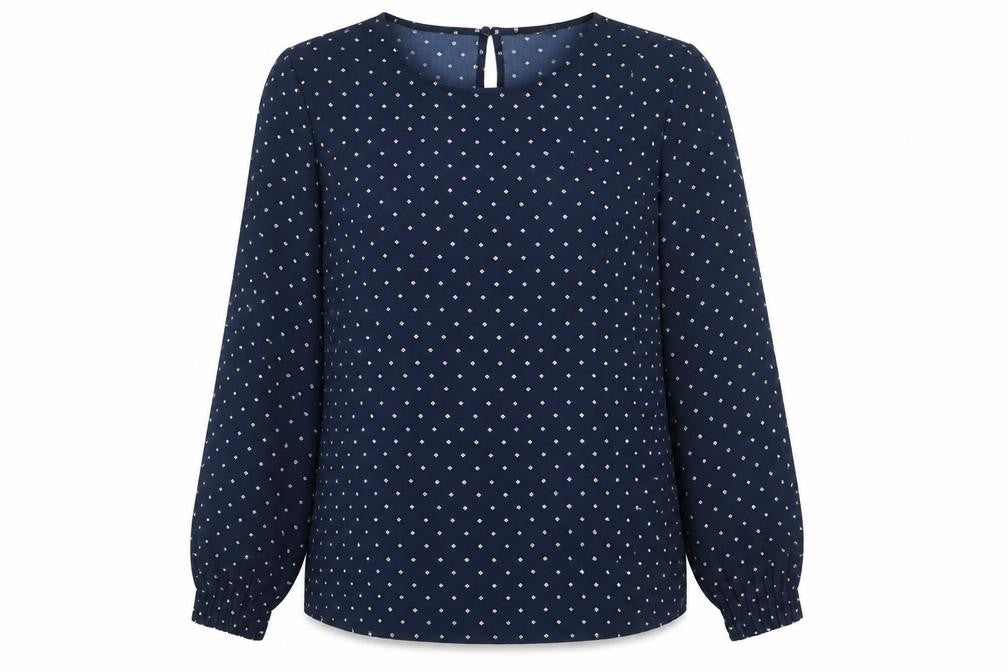 Front view of Cortefiel women’s blue geometric polyester basic blouse, size S, round neck
